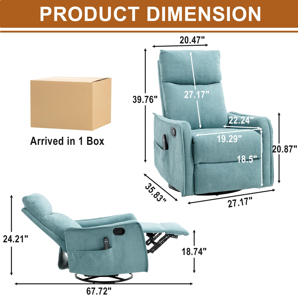 Massage Rocker Swivel Recliner Chair for Adults, Manual Recliner Glider with Lumbar Heating, Technical Flannel Fabric Nursery Glider Rocking Chair with Vibration Massage for Living Room - Green Blue EZZUP