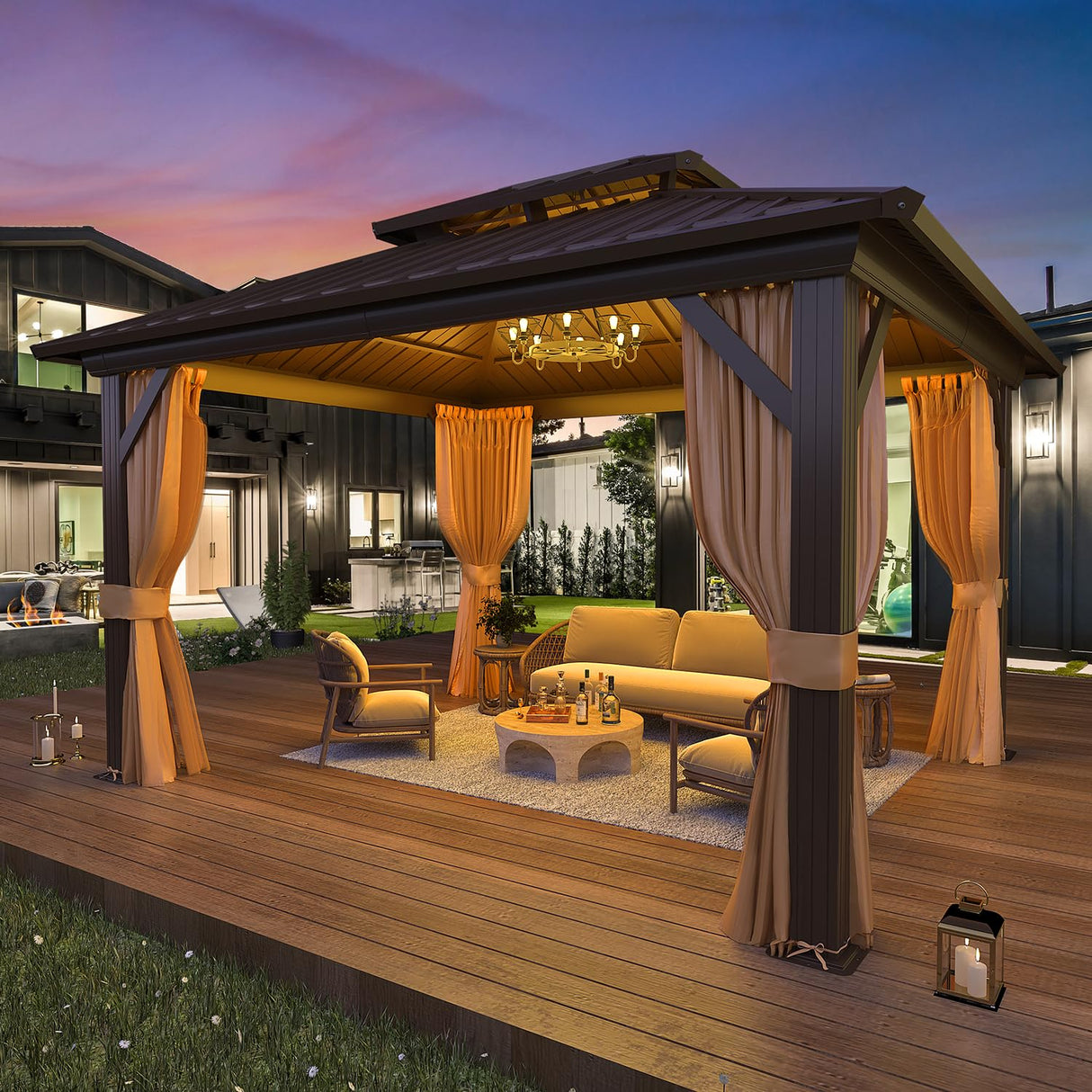 EROMMY 10'x12' Gazebo Hardtop, Galvanized Steel Double Roof Metal Gazebo with Aluminum Frame, Permanent Outdoor Pavilion with Curtain and Netting for Patio, Lawn and Garden EROMMY