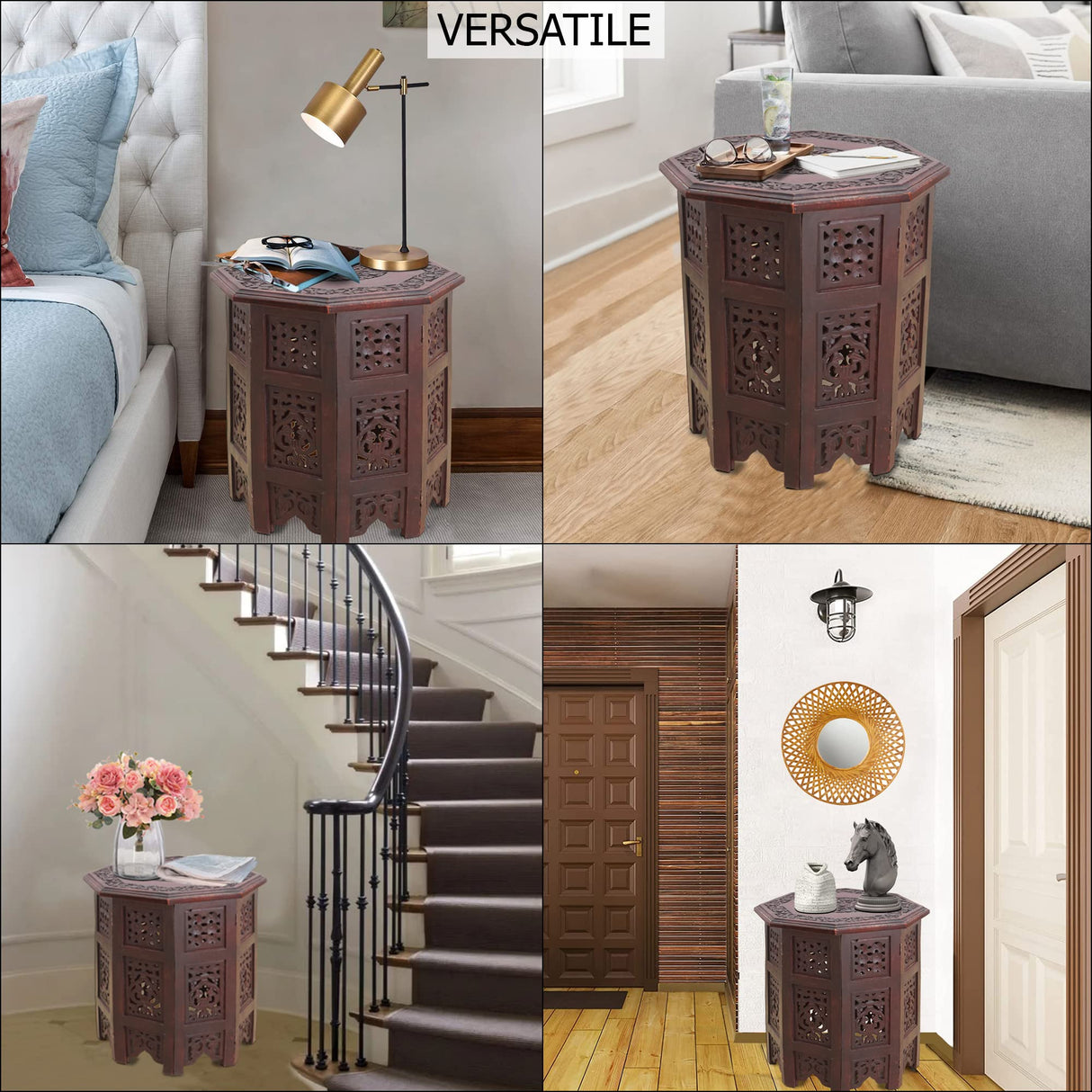 COTTON CRAFT Solid Wood Accent End Table - Hand Carved Vintage Boho Folding Side Table - Small Spaces Entryway Farmhouse Living Room Bedside - No COTTON CRAFT