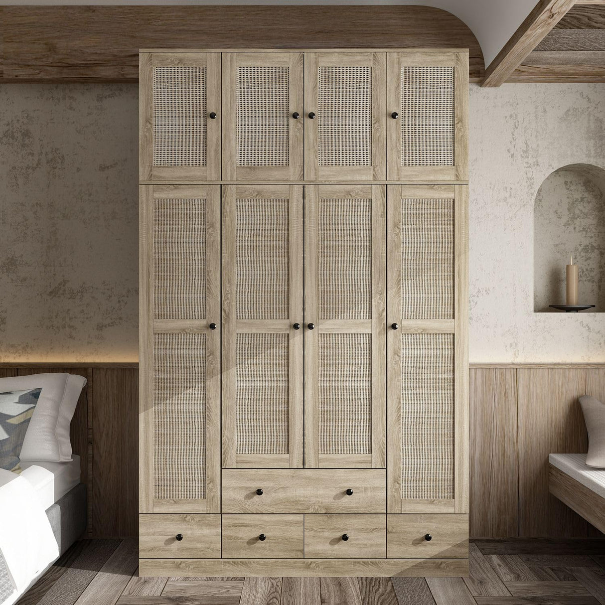 MOUMON 4 Rattan Door Wardrobe with Shelves and Drawers, Armoire Wardrobe with 2 Clothing Rods, Top Storage, Closet for Bedroom Oak 19" D x 59”W x 94.5”H MOUMON