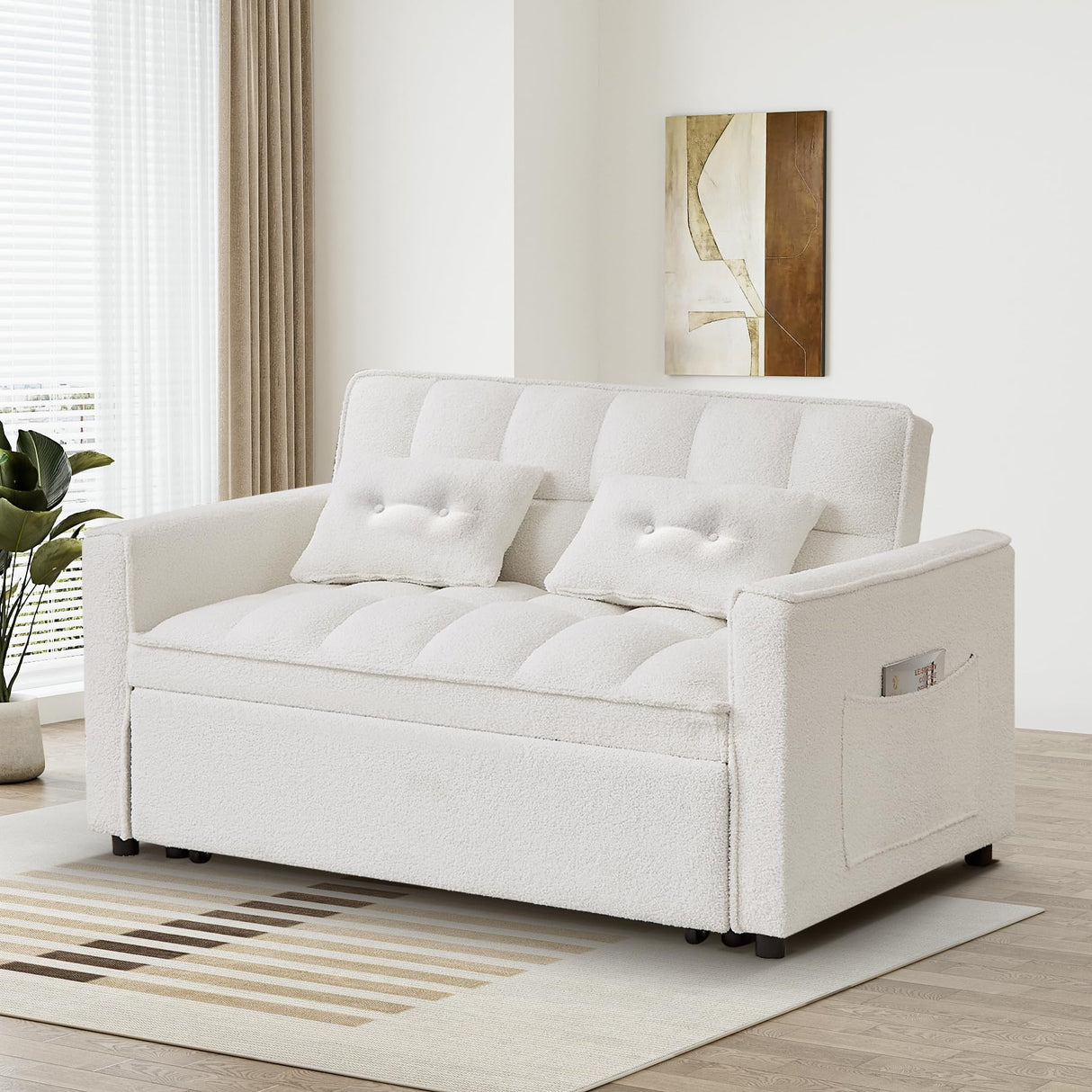Wrofly 3 in 1 Convertible Sleeper Sofa Couch with Pullout Bed, Loveseat Sofa with Storage and Pillows, Modern 2 Seater Futon Couch Bed for Living Room, Bedroom and Small Space, White Teddy Wrofly