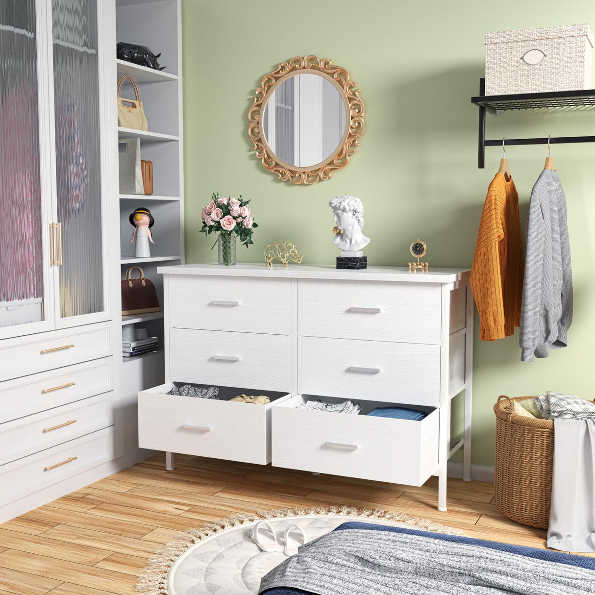BOLUO White Dresser for Bedroom 6 Drawer,Wide Dresser TV Stand for 50" TV Dressers & Chests of Drawers Fabric Dresser for Closet Modern BOLUO