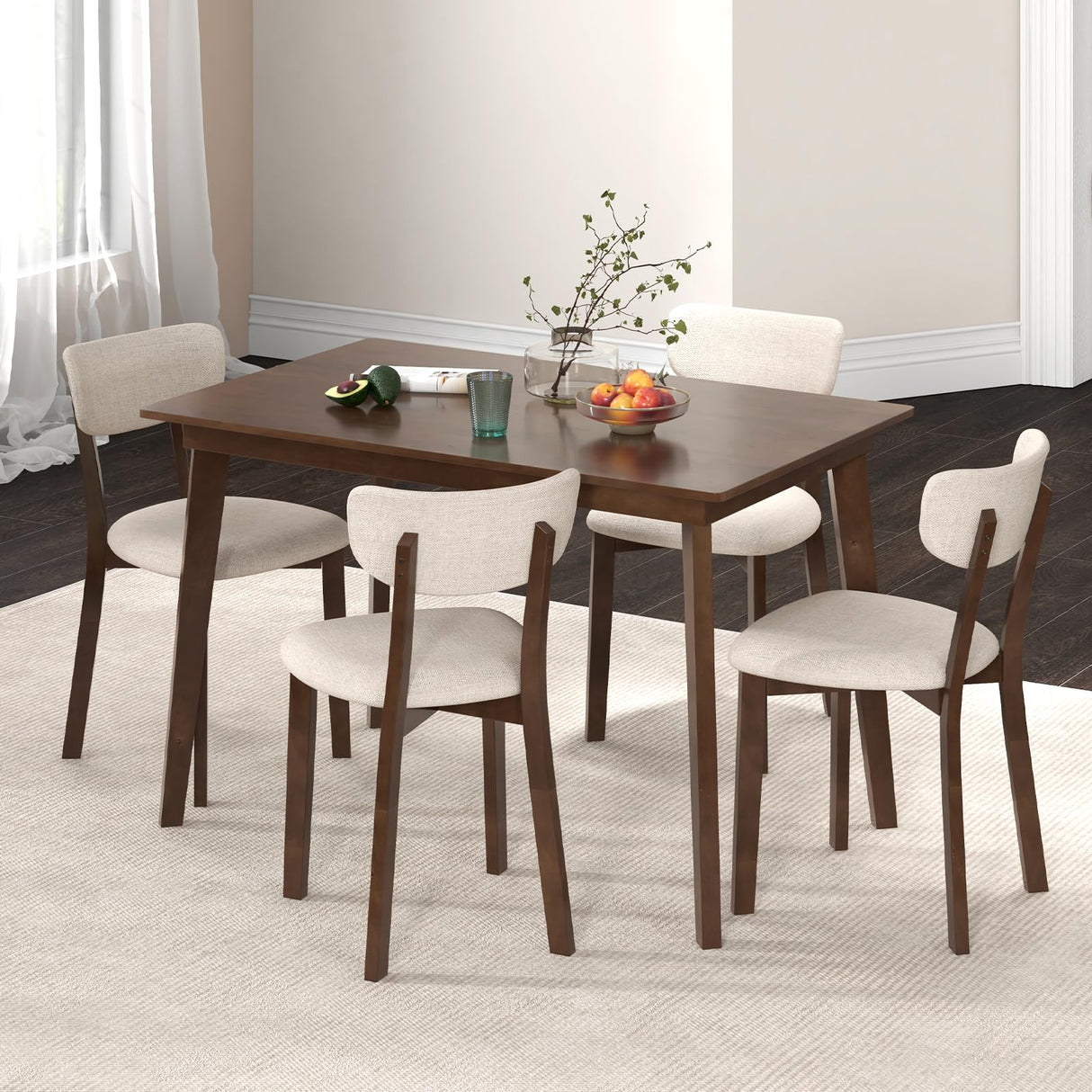 GOFLAME 5-Piece Dining Table Set for 4, Farmhouse Kitchen Table & 4 Upholstered Chairs with Rubber Wood Frame, Padded Seat, Curved Backrest, Space-Saving Dinette Set for Dining Room, Small Space GOFLAME
