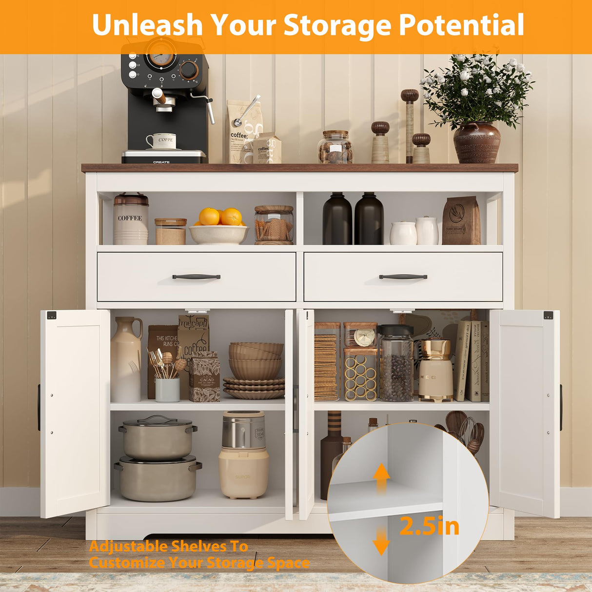 knoworld Buffet Sideboard with Storage Farmhouse with 4 Doors, 47'' Large Kitchen Storage Cabinet Wood Coffee Bar Cabinet Buffet Table with Shelves for Kitchen, Dining Room, Entryway knoworld