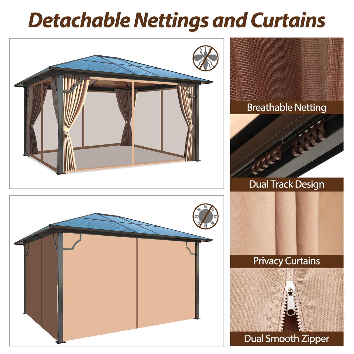 Raysfung 10'x12' Hardtop Gazebo, Outdoor Polycarbonate Roof Gazebo with Aluminum Frame Permanent Pavilion with Netting& Curtains for Garden, Patio,Yard Raysfung
