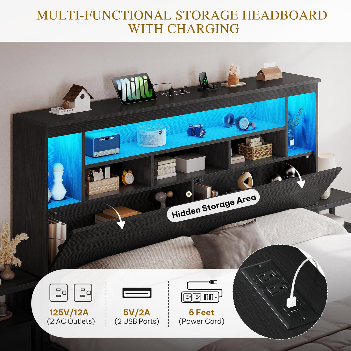 YITAHOME Queen Size Bed Frame with Storage Bookcase Headboard & LED Lights, Slide Out Bedside Storage, Charging Station, Heavy Duty Metal Slats, No Box Spring Needed, Noise-Free, Easy Assembly, Black YITAHOME