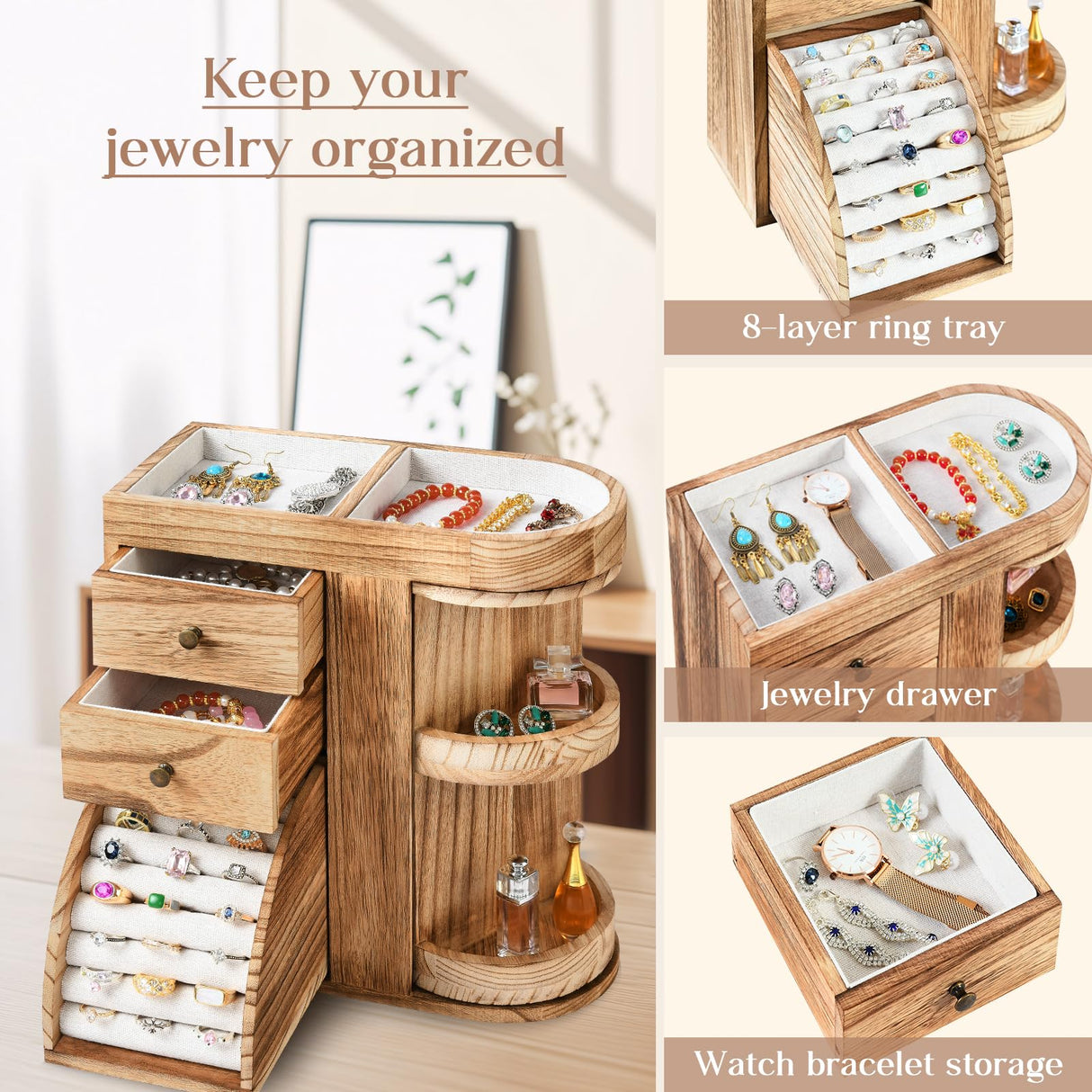 BNING Wood Jewelry Box, Solid Wooden Rotating Jewelry Box Organizer for Women, Gifts for Girls - 4 Layer Rustic Small Jewelry Organizer Box with 3 Drawers for Necklace Ring Earring Bracelet BNING