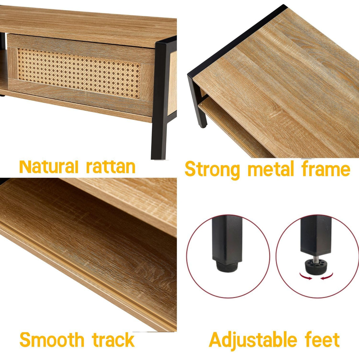 YOUGUO Boho Coffee Table for Living Room, 40.16" Rattan Coffee Table with Sliding Doors & Metal Legs, Mid-Century Center Table for Small Space, Natural