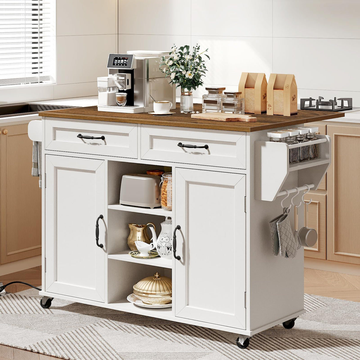 RALGEND Kitchen Island with Power Outlets & Drop Leaf, Kitchen Cart with Storage, Drawer and Spice Rack, Tower Rack, Island Table, White and Walnut RALGEND
