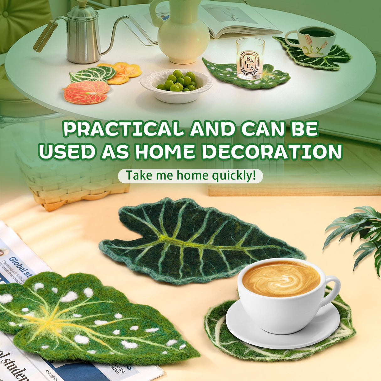 OEHPICC Needle Felting Kit, 6 PCS Plant Leaf Coasters Needle Felting Starter Kit,Wool Felting Kit with Wool Roving, Foam Pad and Instructions for DIY Felting Starters OEHPICC