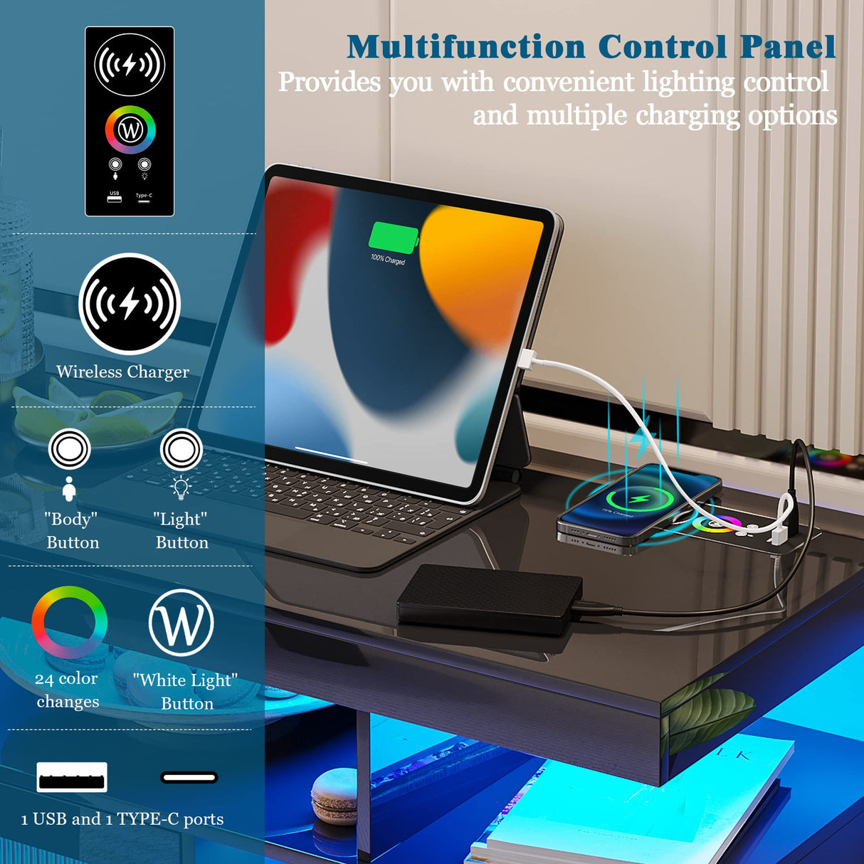 WOOVIVS 39.4" Modern LED Sideboard Buffet Cabinet with Charging Station, High Glossy Cupboard with Motion Sensor Light, Coffee Bar Storage Cabinet with Acrylic Panel for Living Room, Kitchen (Black) WOOVIVS