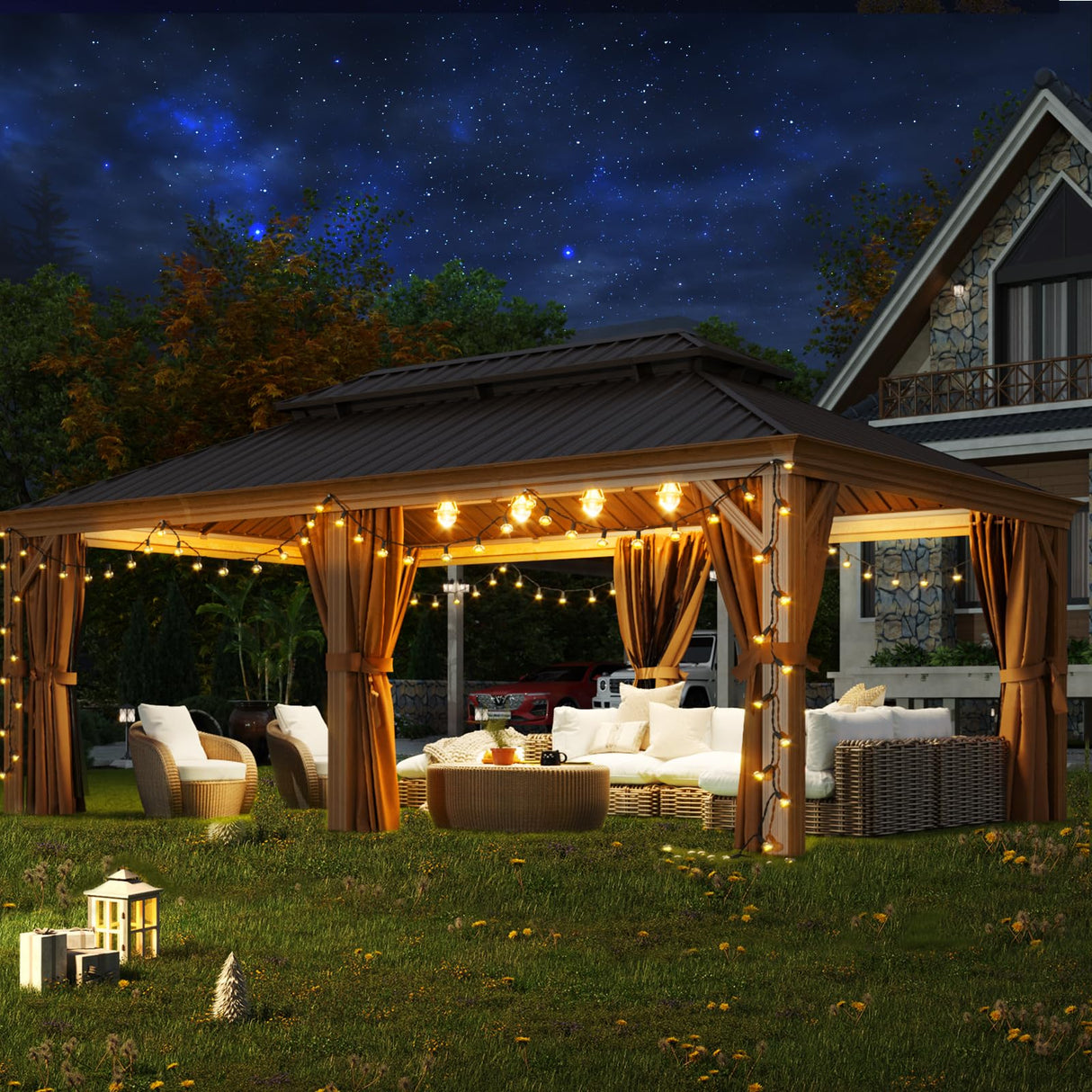 Aoxun 12' x 20' Hardtop Gazebo, Wooden Finish Coated Aluminum Frame Canopy, Galvanized Steel Double Top, Outdoor Permanent Metal Pavilion with Aoxun