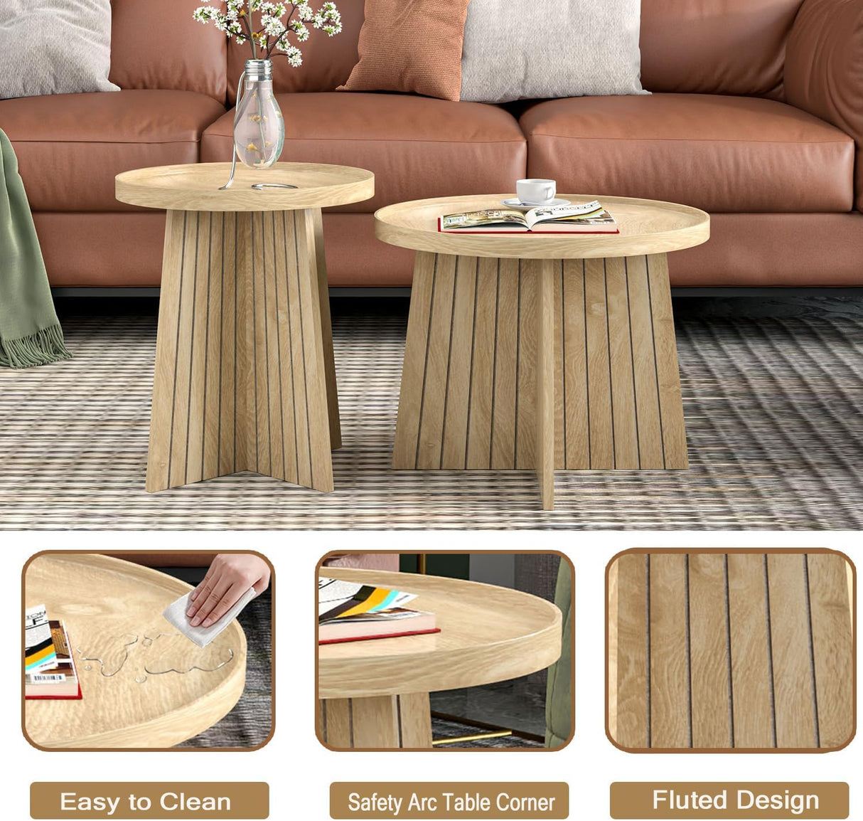 Round Coffee Table Set of 2, Mid Century Modern Fluted Nesting Coffee Table, Center Tables, Small Round Wood Coffee Table, Side End Table for Living Room, Bedrrom, Office (Wood Color) Fsbecl