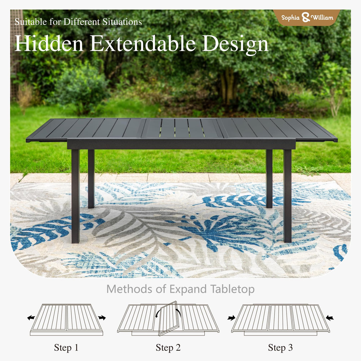 Sophia & William 9 Pieces Patio Dining Set for 6-8 People, Expandable Rectangular Metal Outdoor Table and Rattan Chairs with Cushions, All Weather Patio Table and Chairs Set Sophia & William