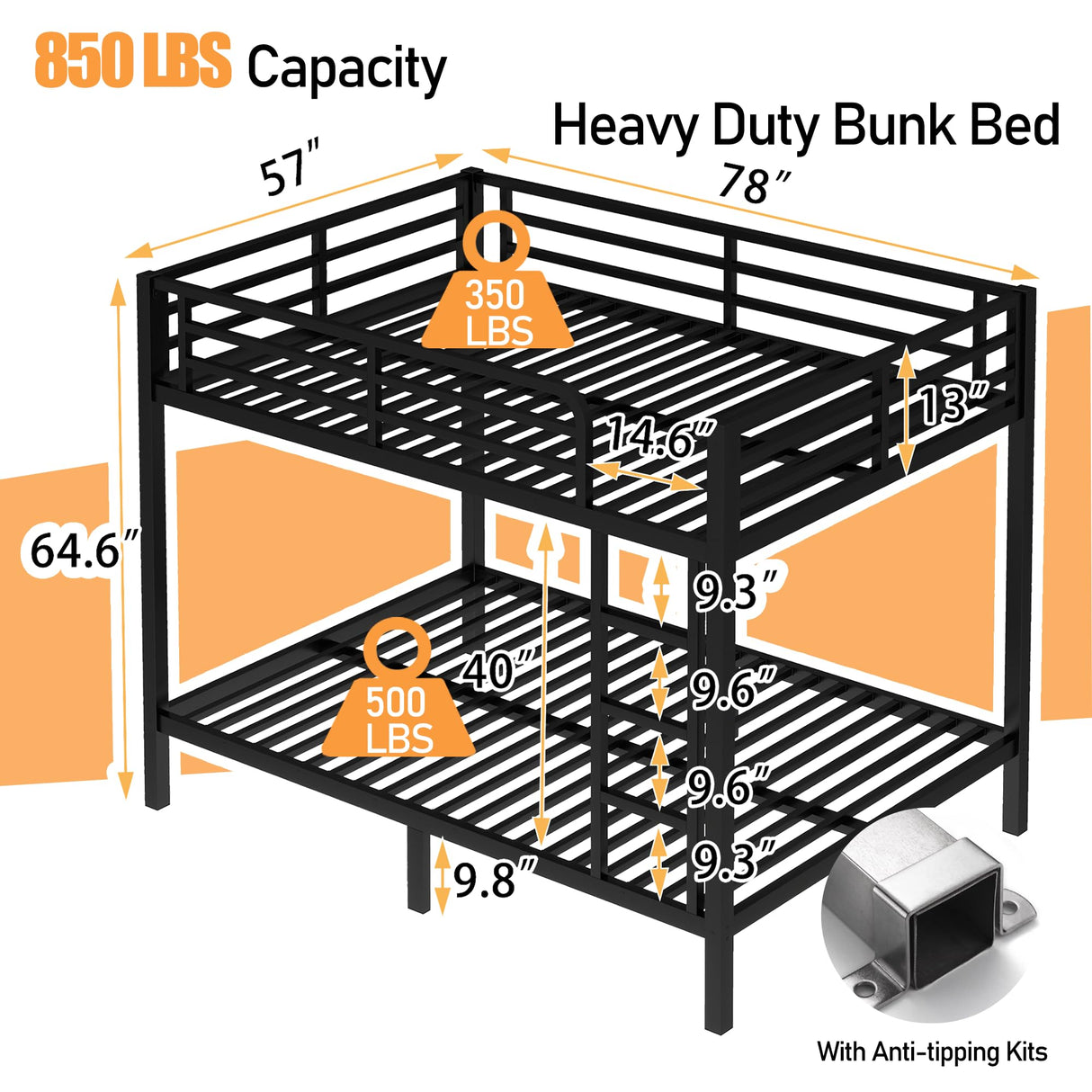 Bellemave Full Over Full Bunk Beds for Adults with Ladder & Full-Length Guardrails, Metal Heavy Duty Full Size Bunk Bed Frame with Sturdy Slats, Noise Free, No Box Spring Needed, Black Bellemave