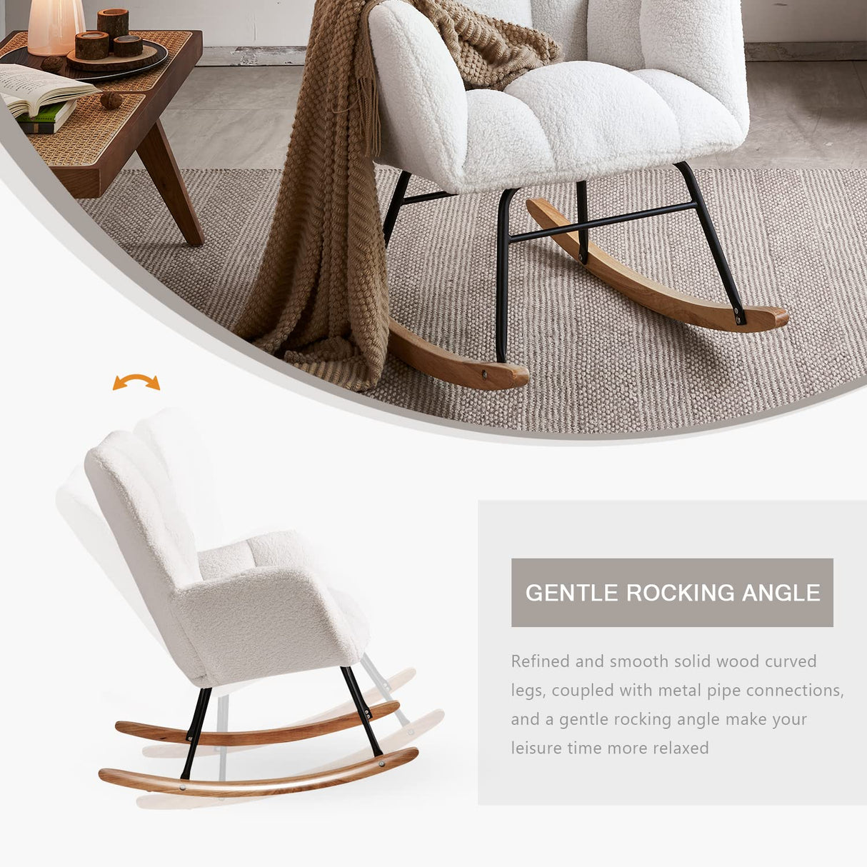 Ugijei Nursery Rocking Chair, Teddy Upholstered Glider Rocker with High Backrest Armchair, Modern Rocking Accent Chairs for Nursery, Living Room, Bedroom, Offices (Ivory) Ugijei
