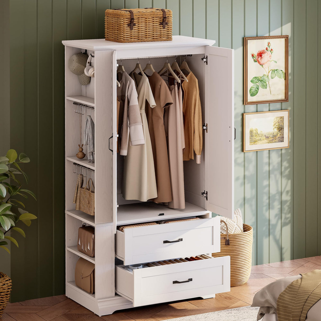 IRONCK Armoire Wardrobe Closet, 70.87" H Wooden Bedroom Armoire with 2 Louvered Doors, 2 Drawers and Shelves, Large Freestanding Clothing Storage Cabinet, White IRONCK