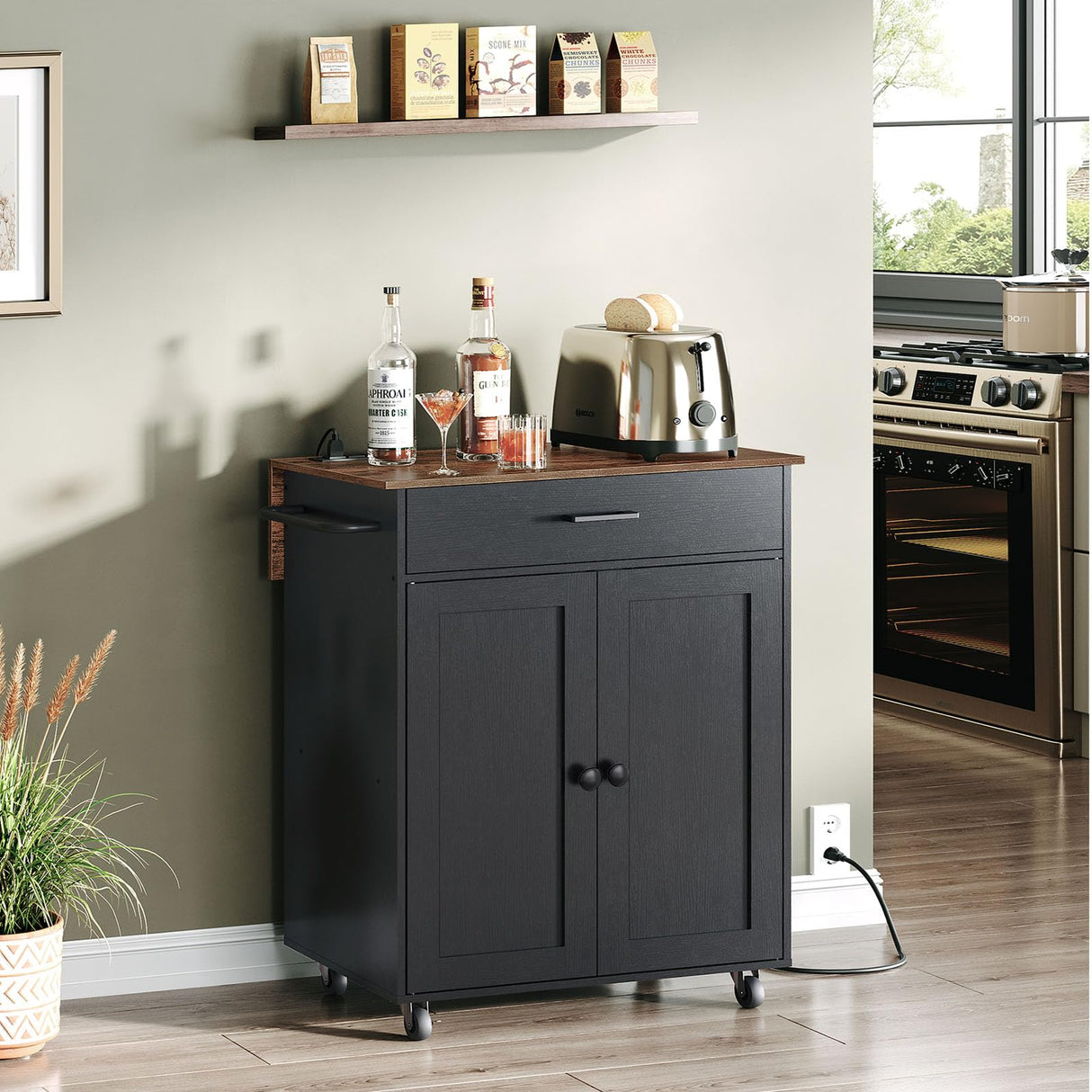 CHOEZON Kitchen Island Cart with Storage, Kitchen Island Table with Charging Station, Rolling Island Cart for Kitchen, 3 AC Outlets, Expandable Tabletop, Black and Rustic Brown MZD01UBFN1 CHOEZON