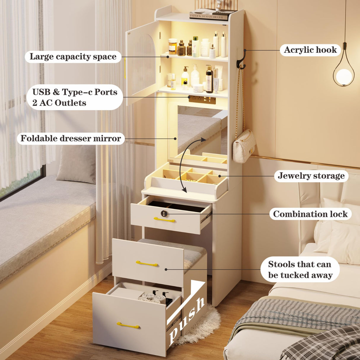 Small Vanity Desk with Mirror and Lights, Makeup Vanity Table with Drawers for Small Space, Compact Mini Corner Vanity Set Dressing Table - Charging Station & Human Motion Sensing for Bedroom (White) HWB