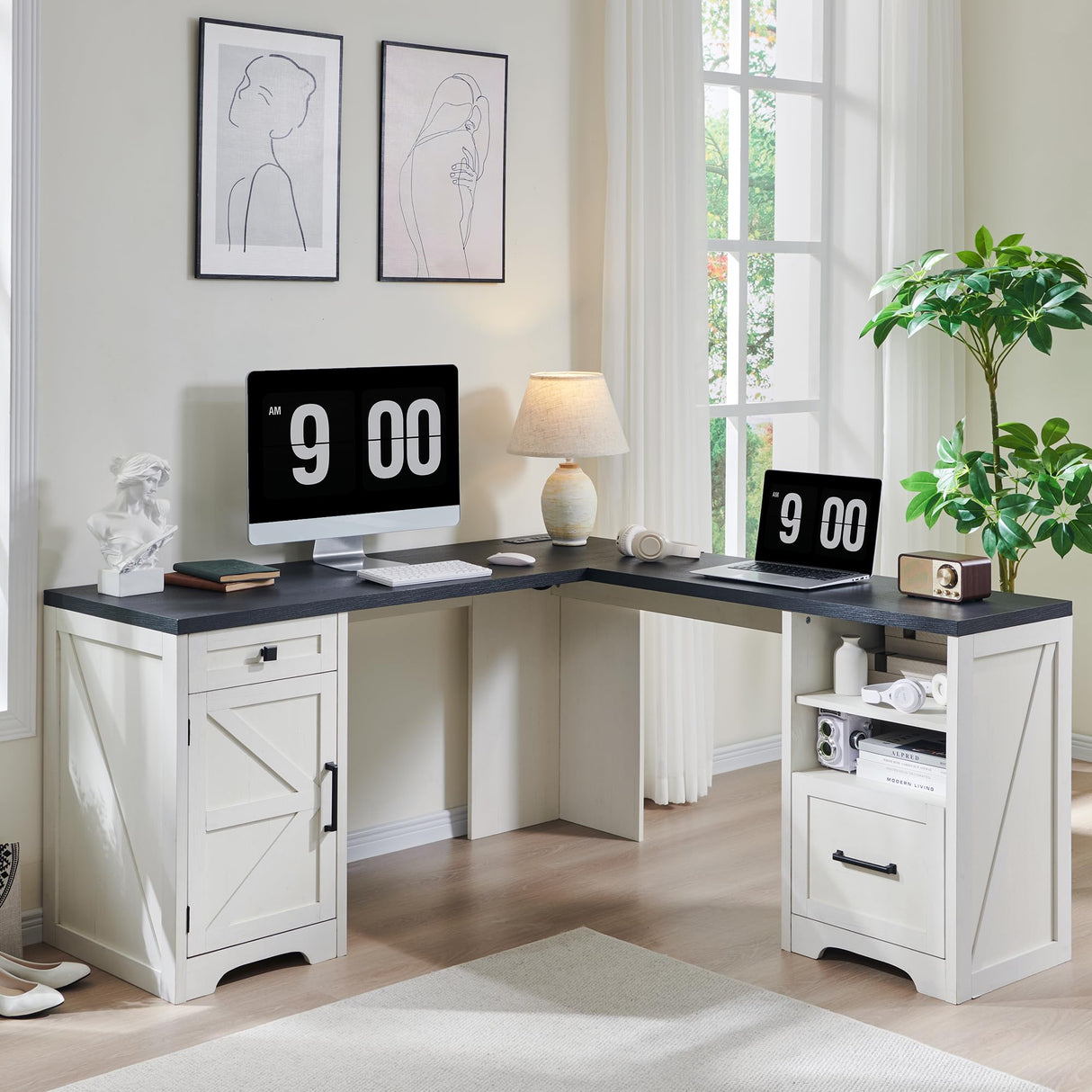 JXQTLINGMU Home Office Desk, Modern Farmhouse Computer Desk with File Cabinet Letter T4 F4 Legal, Study Writing Desk, 59 Inch, Off White JXQTLINGMU