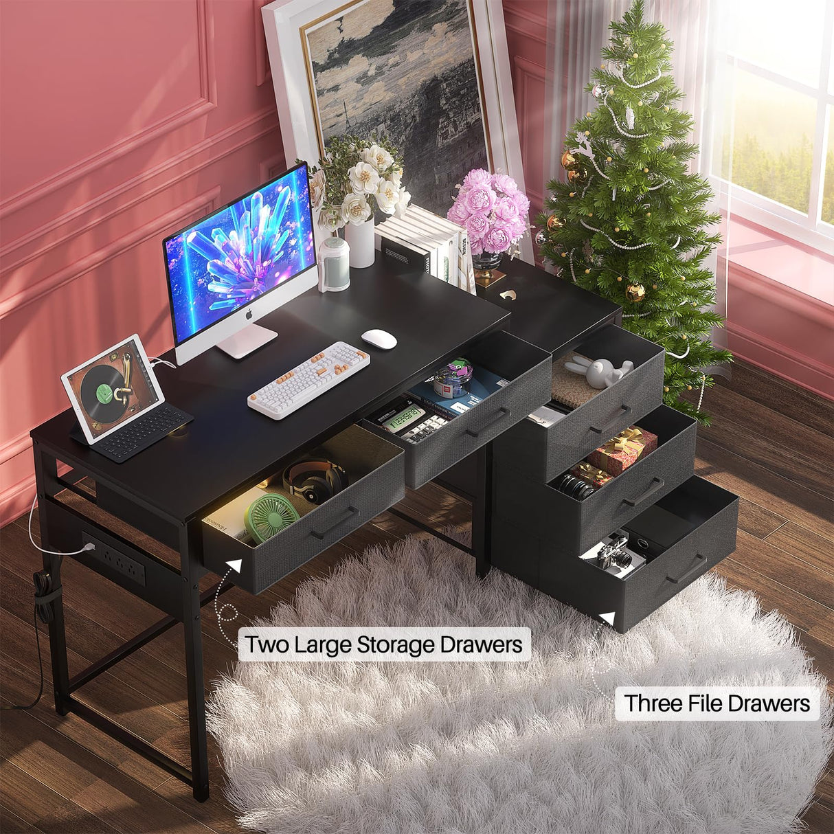 Hyomdeck Computer Desk with 5 Drawer, Reversible Office Desk with Power Outlets and USB Charging Ports, Sturdy Writing Table with File Cabinet and Printer Stand, Laptop Desk for Small Spaces, Black Hyomdeck