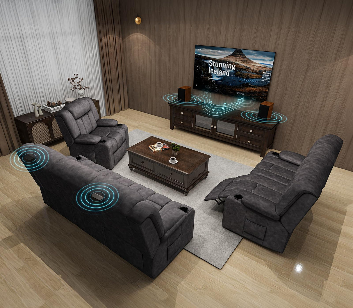 COMHOMA Loveseat Recliner Sofa,Fabric Home Theater Seating Seats,RV Manual Reclining Chair with Bluetooth Speakers,Living Room Furniture Set COMHOMA