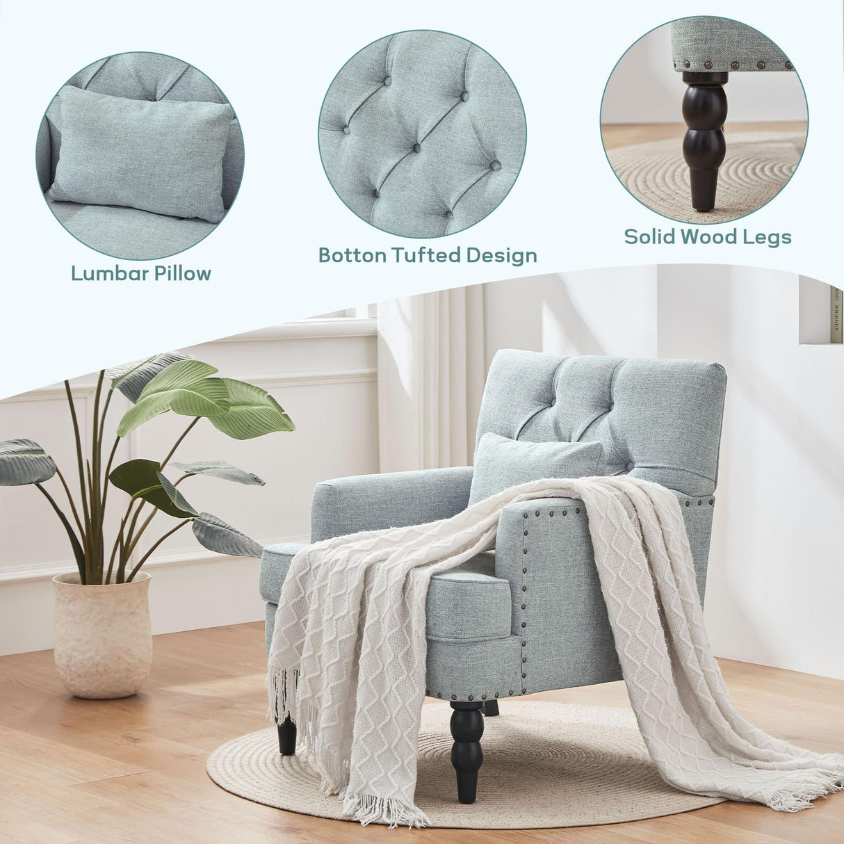 HUIMO Accent Chairs Set of 2, Tufted Club Chair Set of 2 with Lumbar Pillow,Upholstered Button Armchair, Linen Fabric Sofa Chairs for Bedroom, Living Room, Mid Century Modern Reading Chair,Light Blue HUIMO