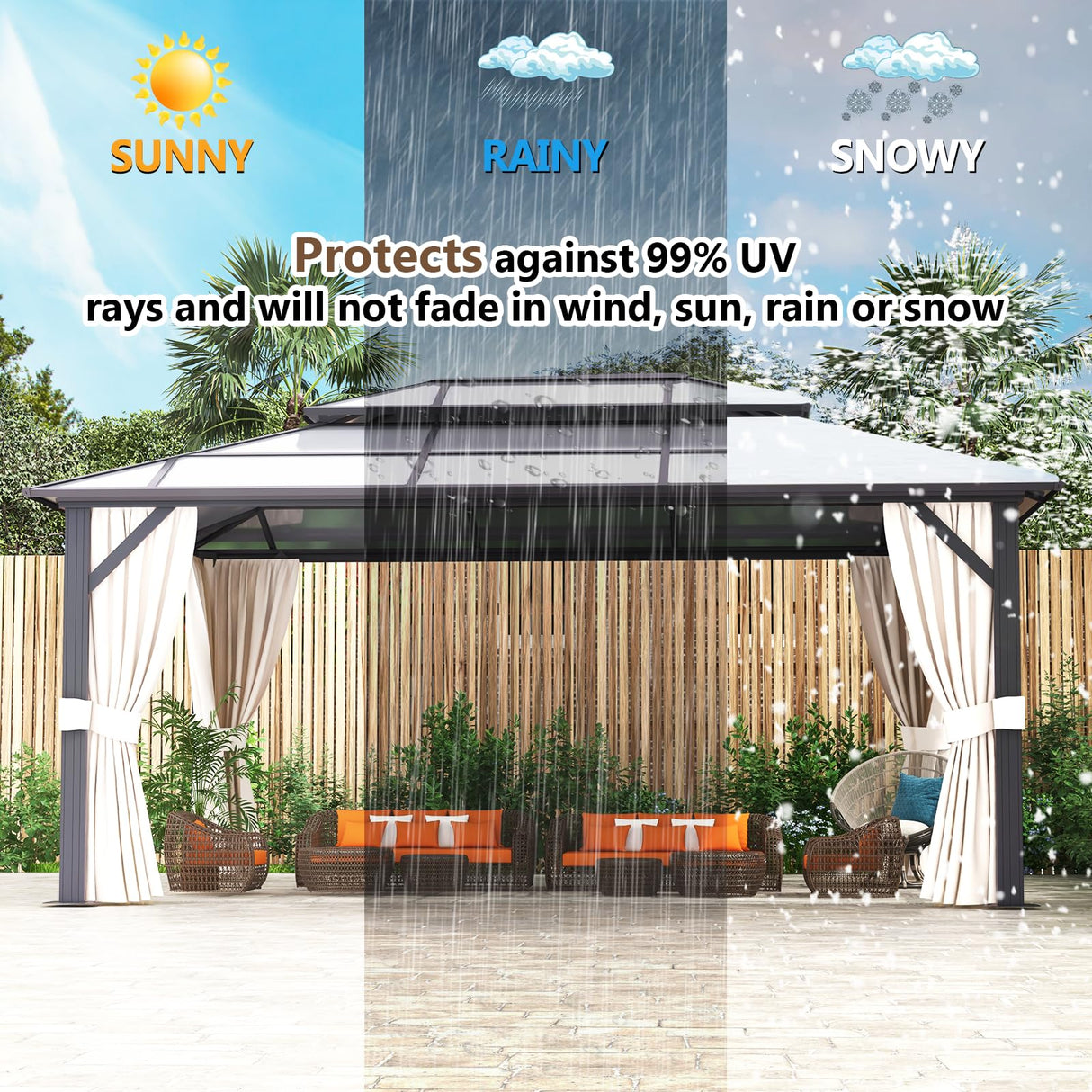 oneinmil 12x16FT Outdoor Polycarbonate Gazebo, Heavy Duty Double Roof Hardtop Gazebo with Aluminum Frame and Netting and Curtains for Patios oneinmil
