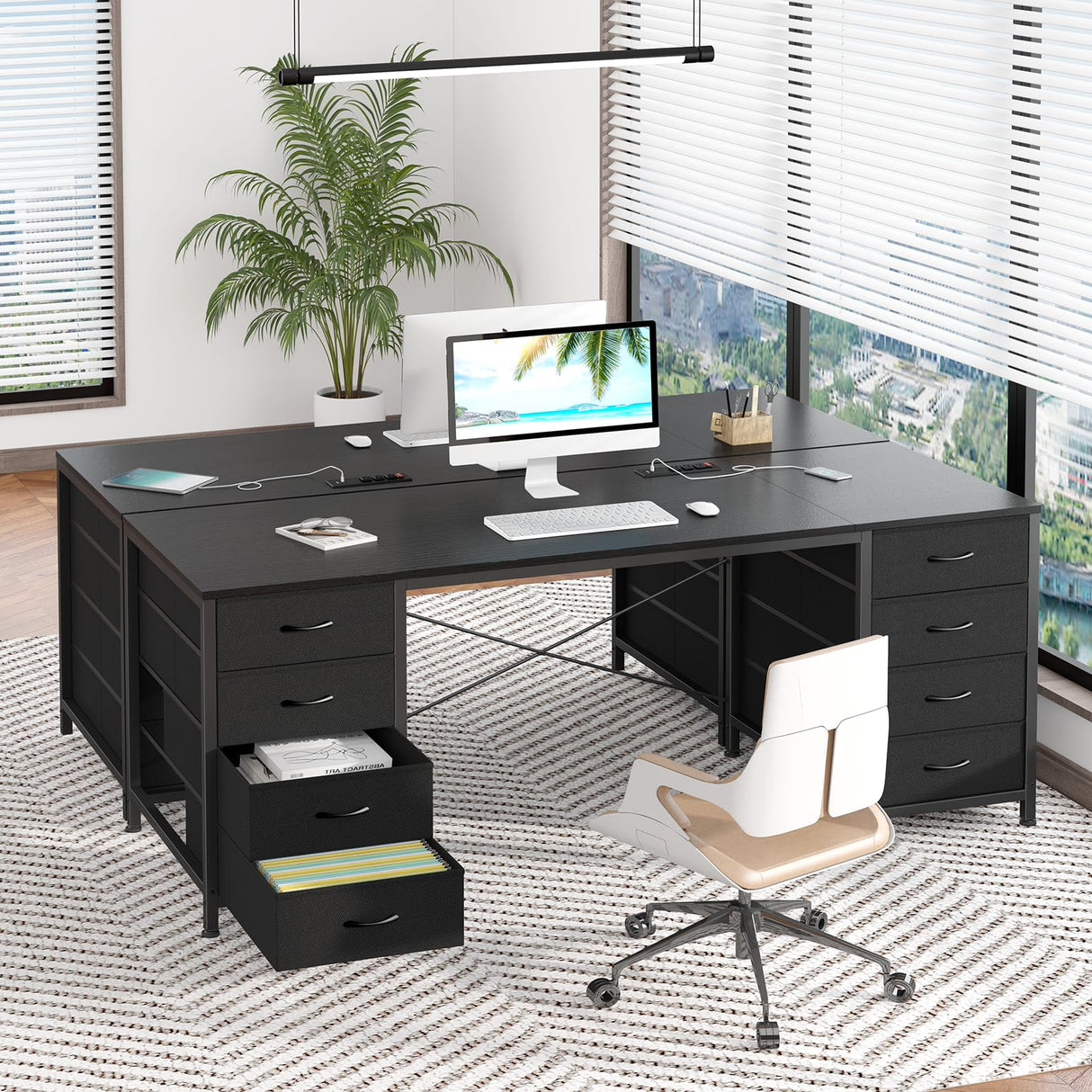 YOMILUVE 60 Inch Computer Desk with 8 Drawers, Home Office Desk with Power Outlets, Work Study Gaming Desk with 8 Fabric Drawers, Black YOMILUVE