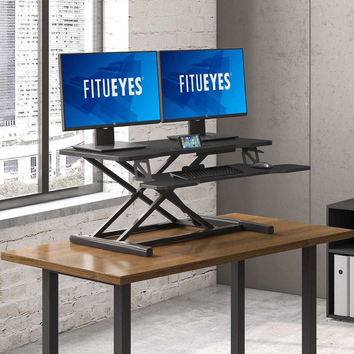FITUEYES Height Adjustable Standing Desk 36” Wide Sit to Stand Converter Stand Up Desk Tabletop Workstation for Laptops Dual Monitor Riser Black SD309101WB FITUEYES