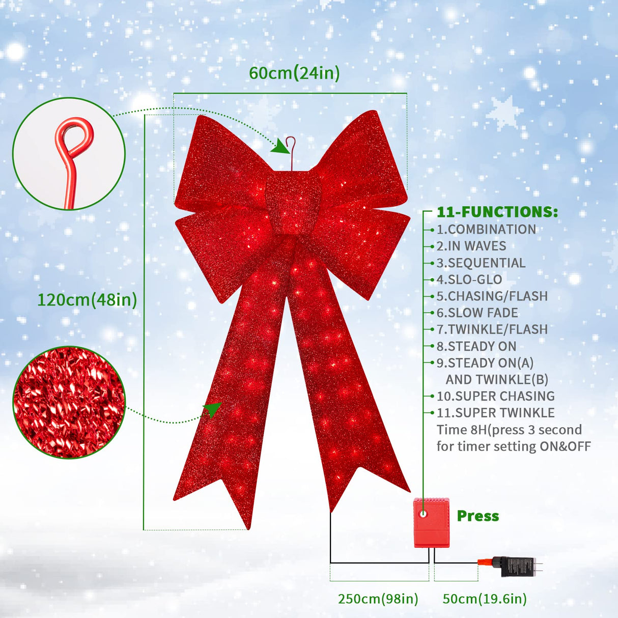 GLOWNOVA 48'' 126LEDChristmas Wreath Bow, Thanksgiving Wreath Bow,Christmas Tree Topper Decorative Bows, Christmas Glitter Red Bow for Front Door Wreath Home Indoor Outdoor Decorations GLOWNOVA