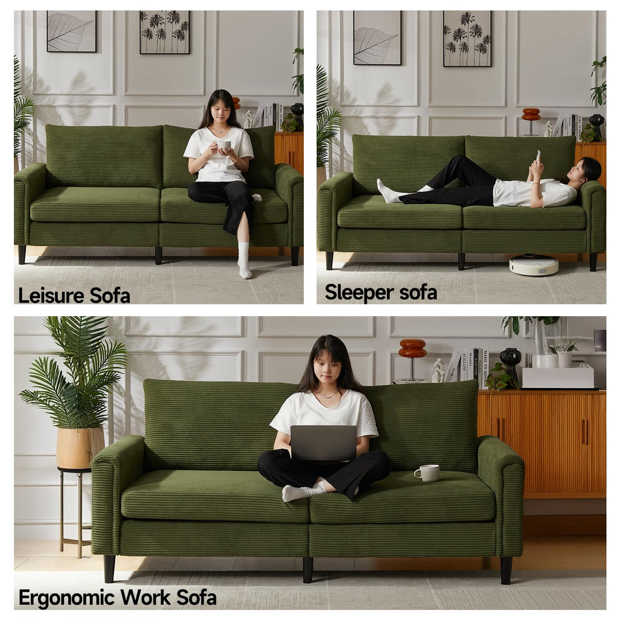 Brelice 80" Loveseat Sofa, Corduroy Couch for Living Room, 24.4" Extra Deep Seats, Mid Century Modern Oversized Love Seat for Bedroom, Office, Apartment and Small Space(Green) Brelice