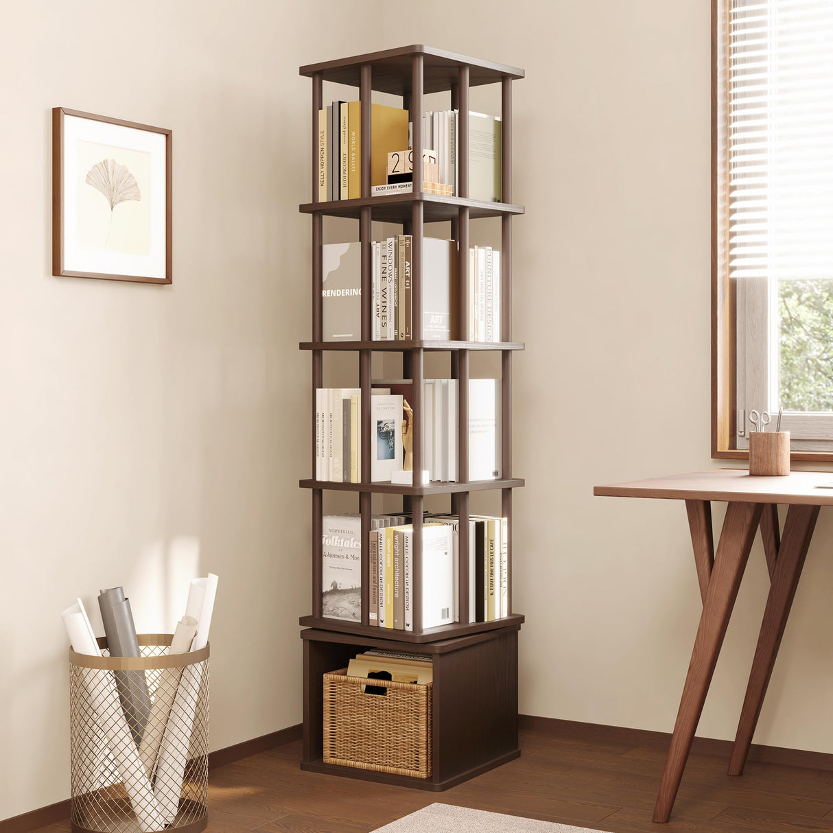 IOTXY 5-Tier Rotating Bookshelf Tower - Beech Wood Frame Spinning Bookcase with Storage Base, Tall Freestanding Revolving Shelf Organizer, Walnut IOTXY