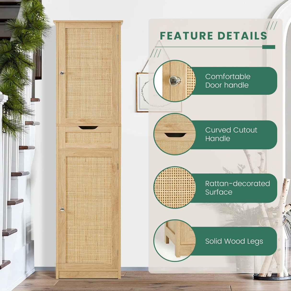 Iwell Tall Bathroom Cabinet with Doors, Rattan Storage Cabinet with Adjustable Shelves, Freestanding Narrow Linen Cabinet for Living Room, Entryway, Kitchen, Home Office, Natural Iwell