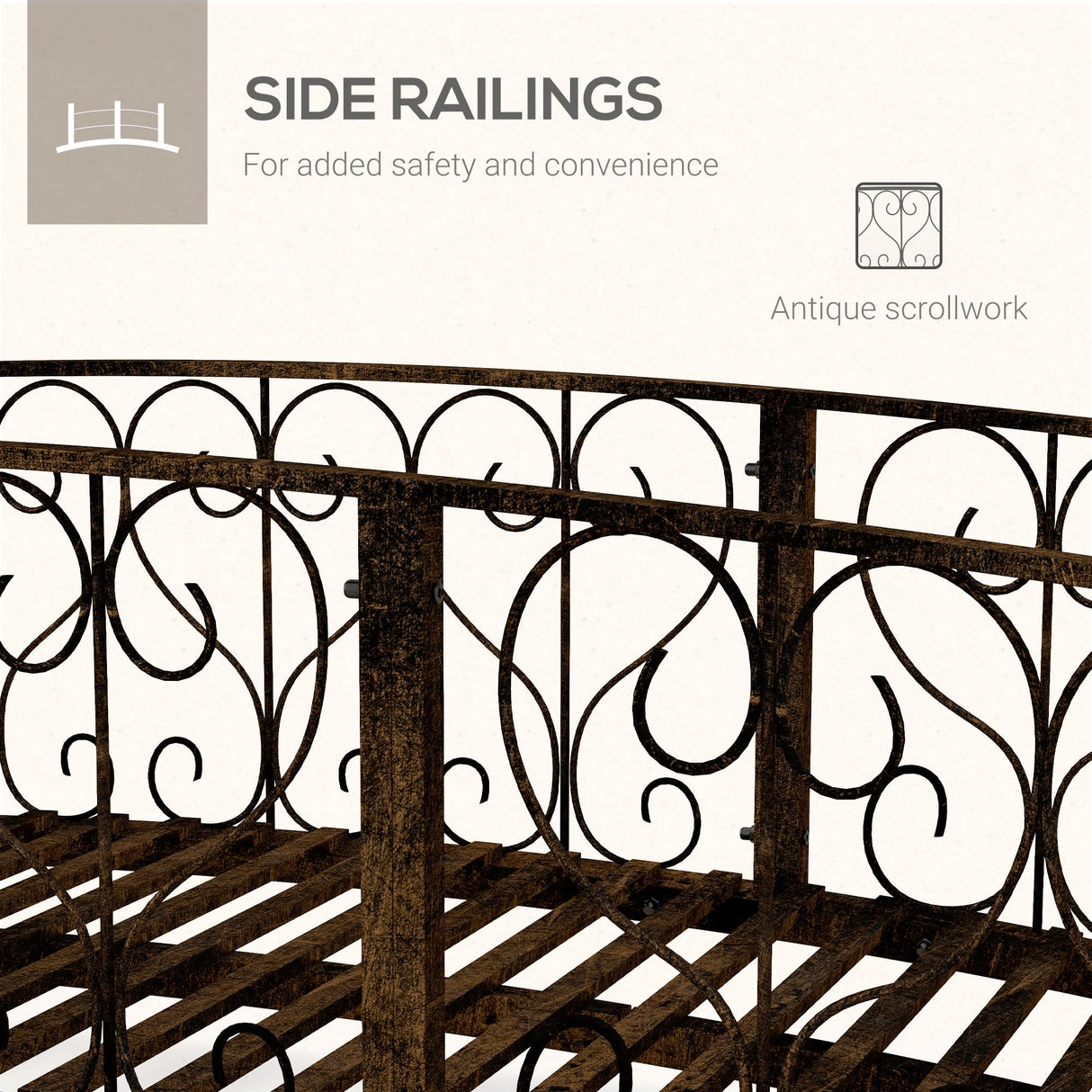 Outsunny 7' Metal Arch Garden Bridge with Safety Siderails, Decorative Arc Footbridge with Delicate Scrollwork S Motifs for Backyard Creek, Stream, Fish Pond, Bronze Outsunny