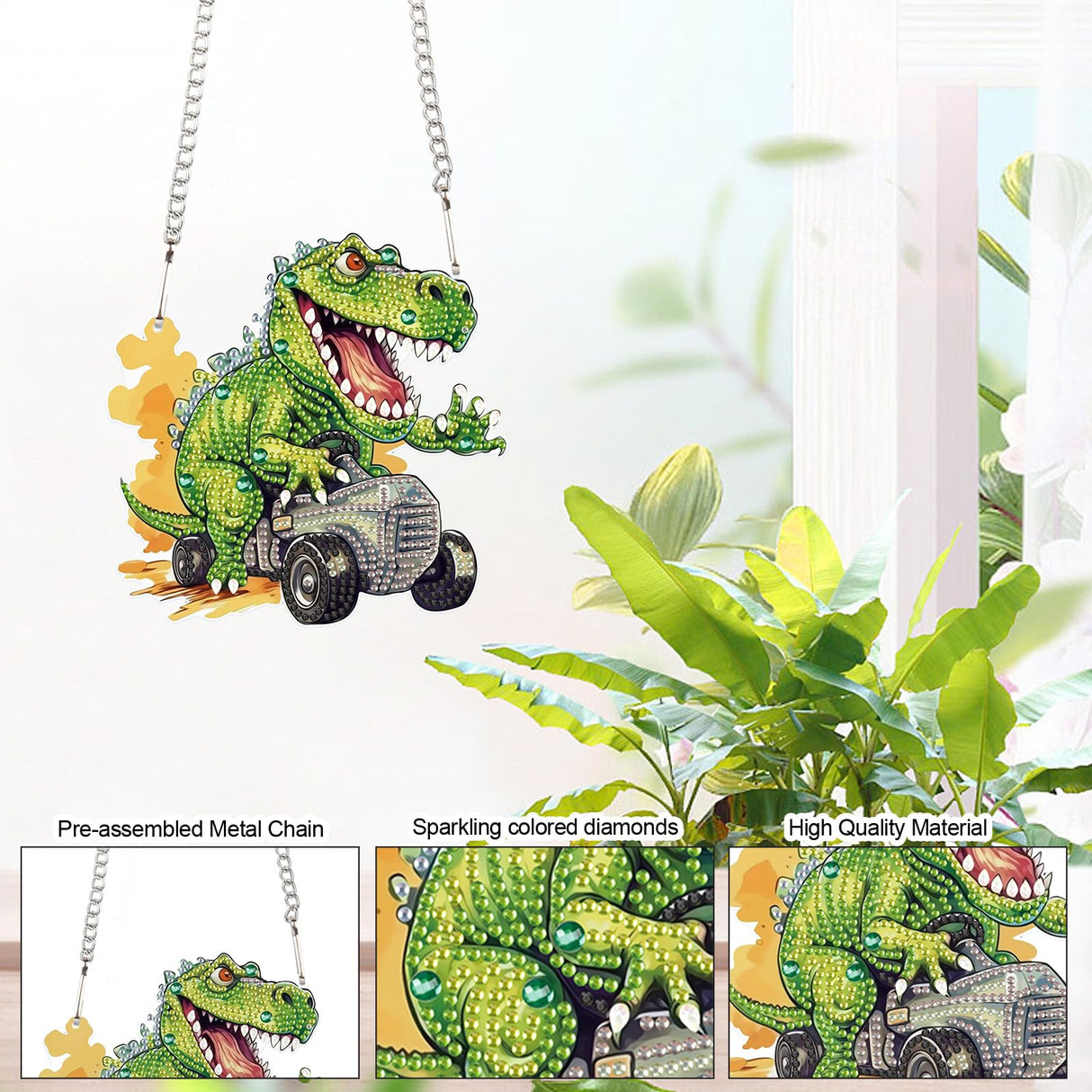 AiYuanzsh Diamond Painting Hanging Pendant Kit - Dinosaur Driving Car 5D Diamond Painting Kits for Adults - Crystal Rhinestones Diamond Art Pendant for Door Wall Window Home Xmas Halloween Decor AiYuanzsh