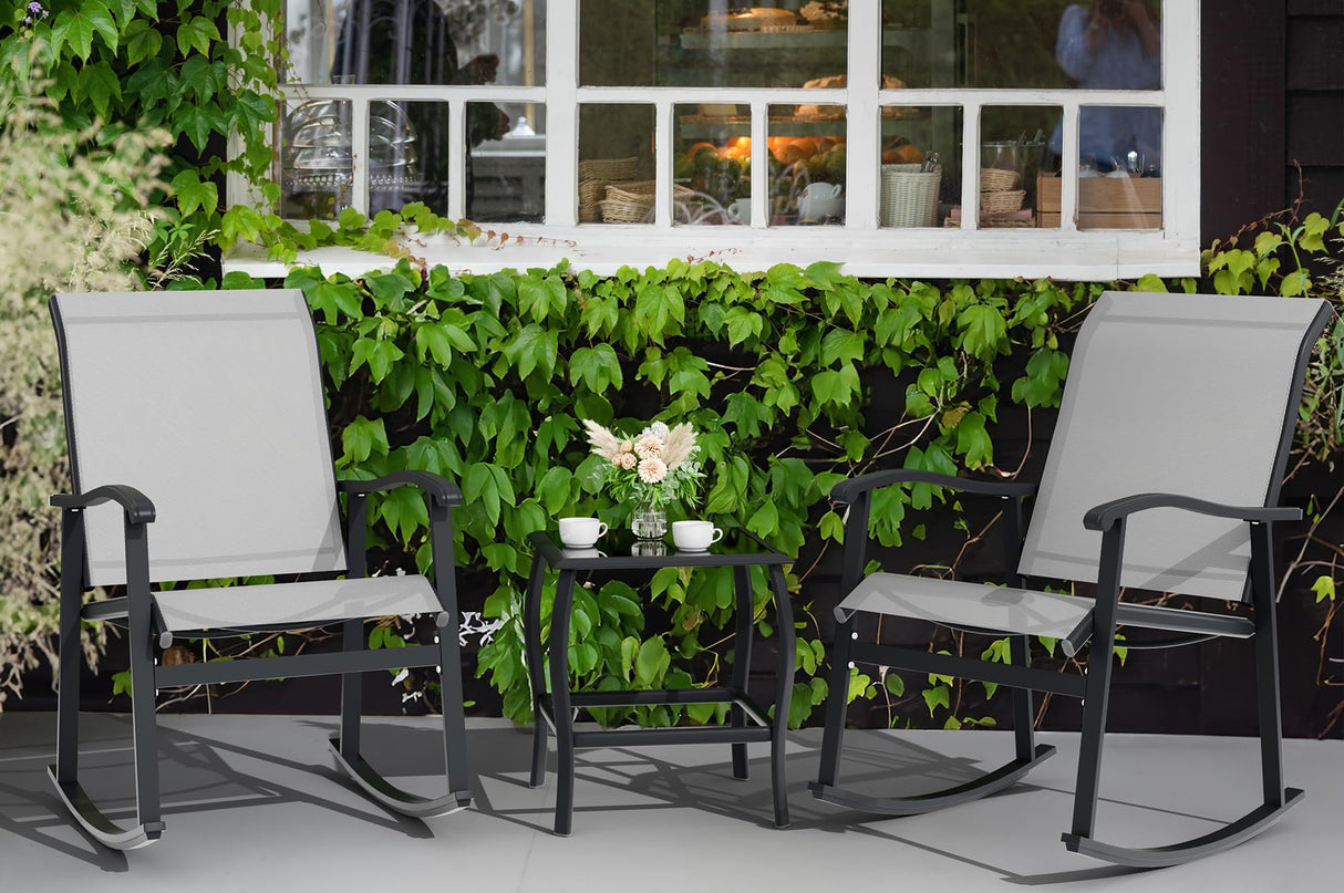 Vongrasig 3 Piece Outdoor Rocking Bistro Set, Textilene Fabric Small Patio Furniture Set, Front Porch Rocker Chairs Conversation Set with Glass Table for Lawn, Garden, Balcony, Poolside (Light Gray) Vongrasig