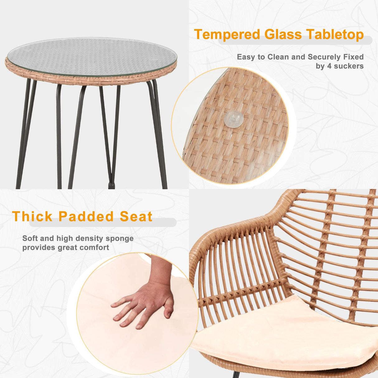 Tappio 3 Piece Outdoor Wicker Furniture Patio Bistro Set, Balcony Furniture Rattan Conversation Sets with Cushions, Wicker Patio Chairs Patio Furniture Set for Outdoor Poolside Garden, Beige Tappio