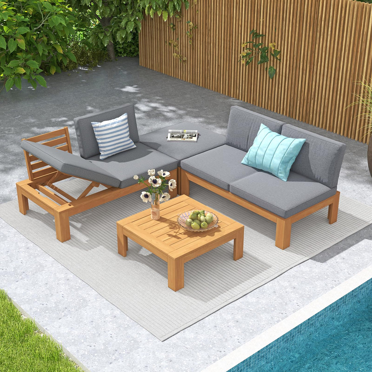 SUNSITT 4 Piece Acacia Wood Patio Furniture Outdoor Sectional Sofa Set with Adjustable Armrest, FSC Certified L-Shaped Patio Set w/2-in-1 Coffee Table, Grey Cushions SUNSITT