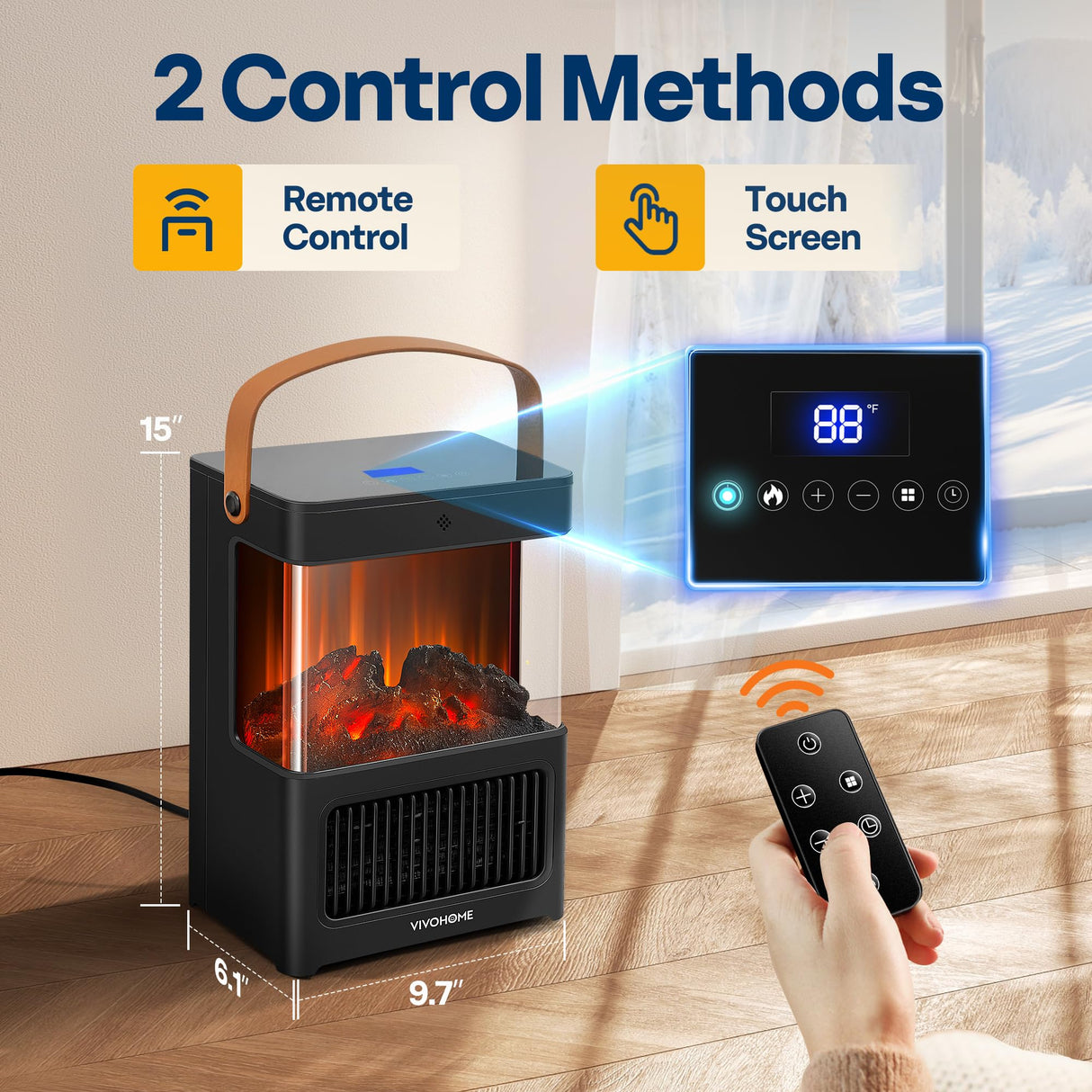 VIVOHOME Portable Electric Fireplace Heater with Realistic Logs and Flame Effect, Freestanding Space Heater with Touch Control and Remote, Mini Fireplace with Timer, Overheat Protection VIVOHOME