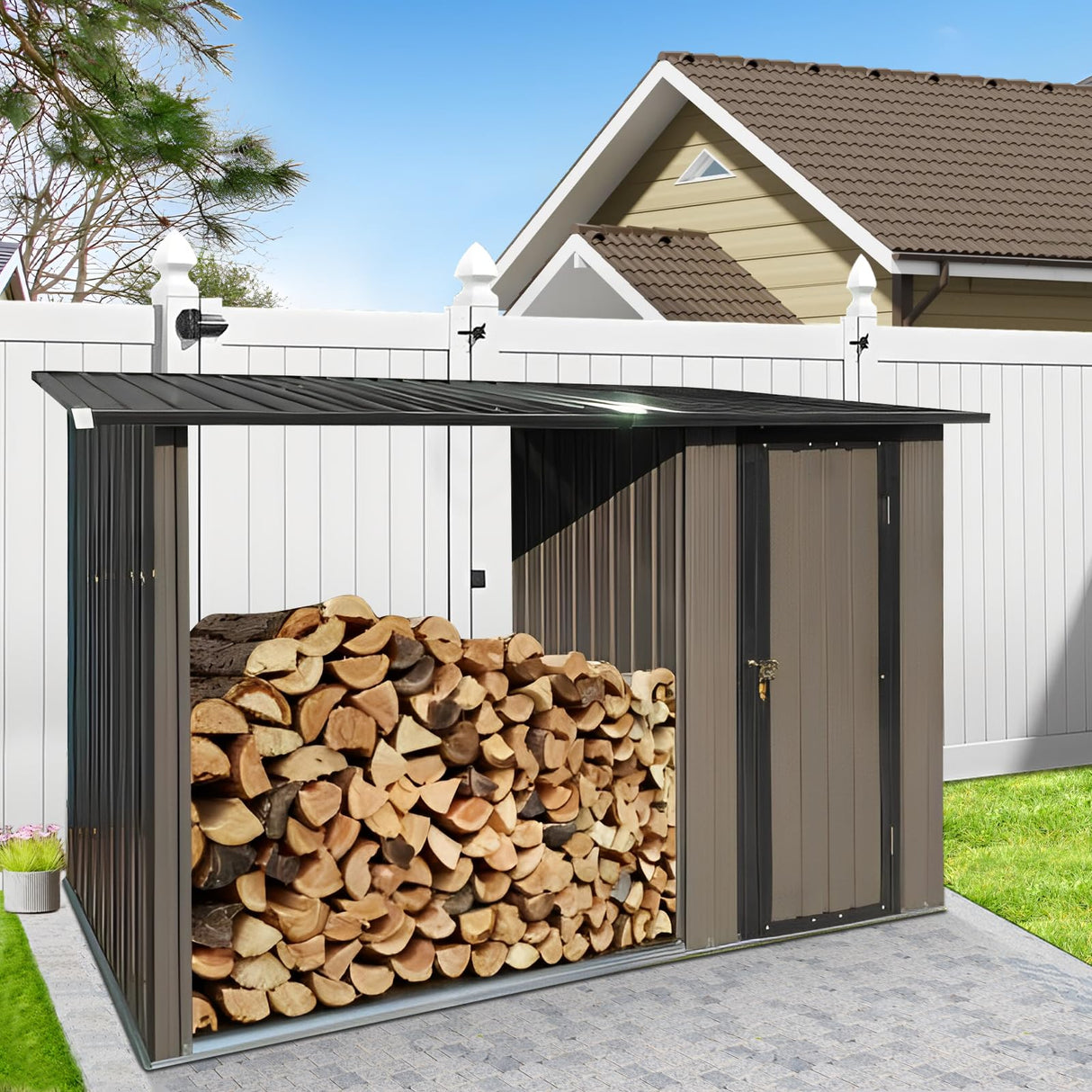 2-in-1 Metal Outdoor Storage Shed with Tool Locker & Firewood Storage, 8.75× 3.33 FT Firewood Shed - Weatherproof & Versatile, Steel Garden Sheds for Backyard Garden Patio Lawn - Brown Garden Tailor