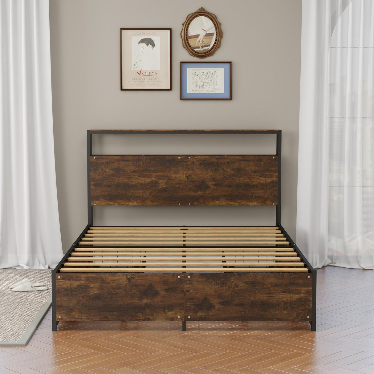 Panana Modern Queen Size Bed Frame with 4 Storage Drawers - Industrial Metal & Solid Wood Platform Bed, Sturdy & Space-Saving Design, Easy Assembly, Eco-Friendly Materials (Queen (U.S. Standard)) Panana