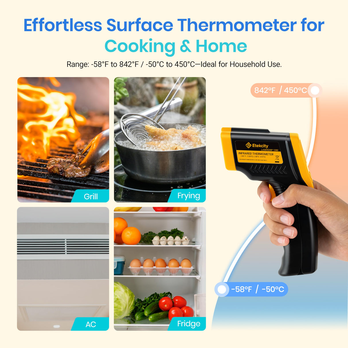 Etekcity Infrared Thermometer Laser Temperature Gun 774, Meat Food Candy Oven Thermometer for Griddle Accessories, Heat Gun for Cooking Refrigerator Tools, Yellow, -58ยฐF to 842ยฐF Etekcity