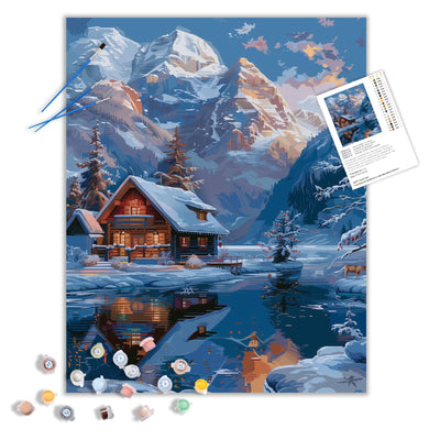ARNLRDYA Cabin Paint by Number for Adults Beginner, Snow Mountain Paint by Numbers Kit, Lake Acrylic Painting On Canvas for Gift Home Wall Decor(16×20inch Unframe)