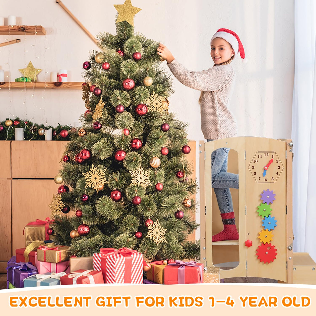 JUZBOT Toddler Tower, Foldable Toddler Kitchen Stool Helper with 2 Step Stool, Wooden Toddler Stool with Safety Net, Adjustable Height, Chalk-Whiteboard& Montessori Activity Games JUZBOT