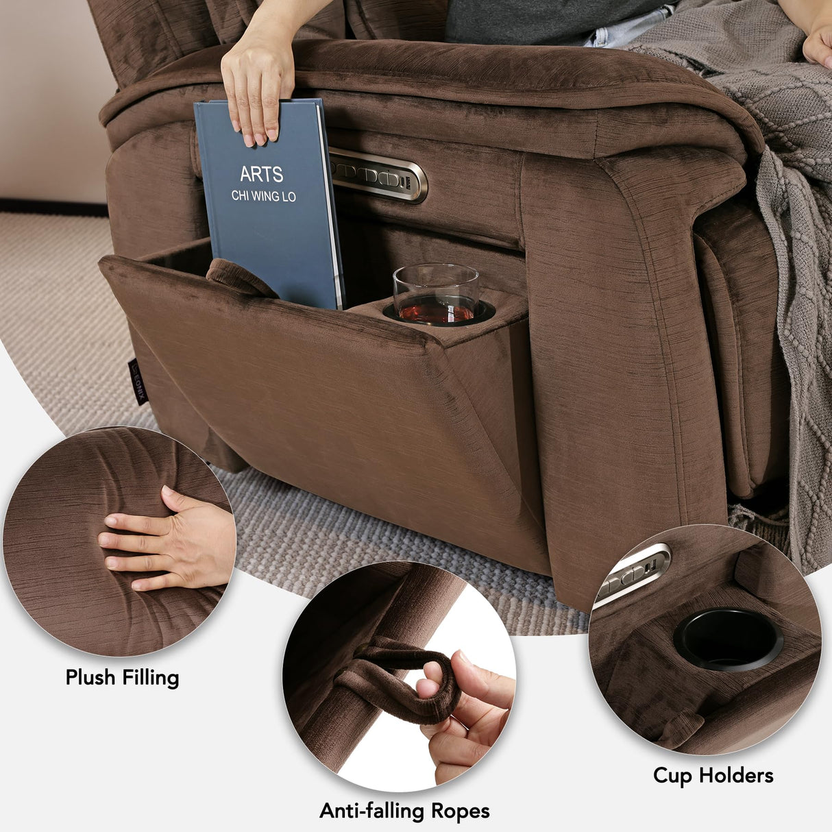 EONIX Triple Motor Lay Flat Zero Gravity Power Recliner Chair with Heat and Massage, Independent Adjustable Backrest Footrest Headrest, 400lbs Heavy Duty Medium Size, Stylish Chenille, Dark Brown EONIX