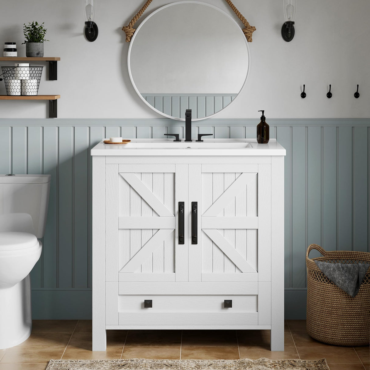 YITAHOME 30" Farmhouse Bathroom Vanity with Sink Combo, Small Space Bathroom Storage Cabinet with Large Drawer, 2 Soft-Closing Wood Barn Doors with Built-in Shelves, White YITAHOME
