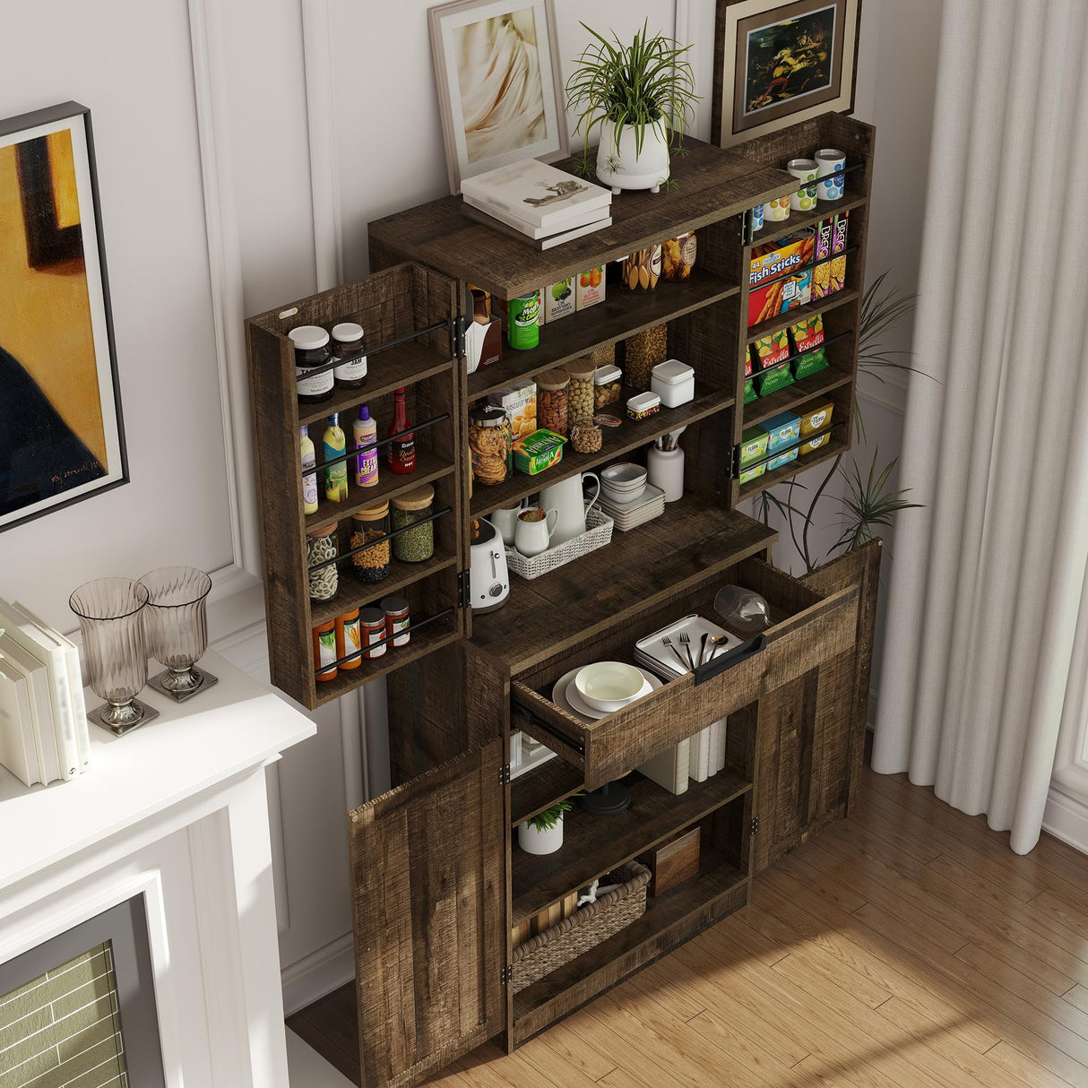 BOMETAO 72" Tall Kitchen Pantry Cabinet with X-Barn Doors, Farmhouse Storage Cabinets with Organizer, Drawer and Adjustable Shelves, Wood Cupboard for Kitchen, Dining Room, Bathroom, Rustic Brown BOMETAO