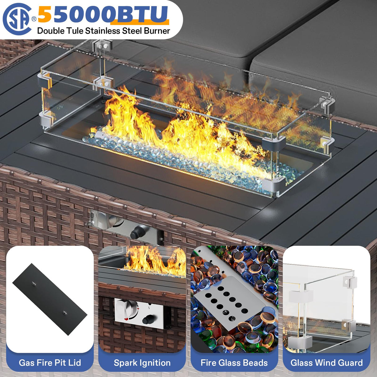 ELPOSUN 7 Pieces Outdoor Patio Furniture Set with 44" Fire Pit Table Brown Rattan Sectional Sofa Conversation Sets for Balcony Lawn and Garden (Gray, 7 pcs w/Fire Table) ELPOSUN