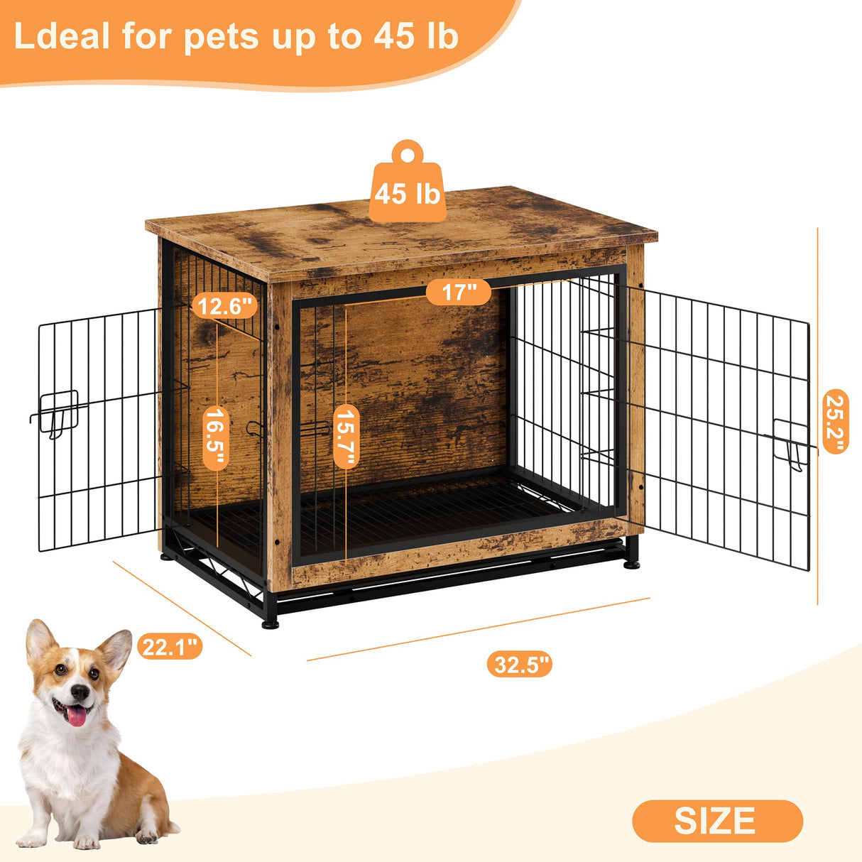 Vongrasig Dog Crate Furniture, Side End Table, Modern Wooden Kennel for Dogs Indoor, Heavy-Duty Dog Cage with Multi-Purpose Removable Tray, Double-Door Dog House, Rustic Brown Vongrasig